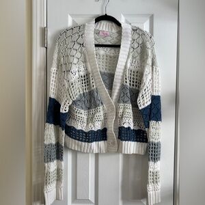 Pink Lily Blue Crochet Knit Sweater